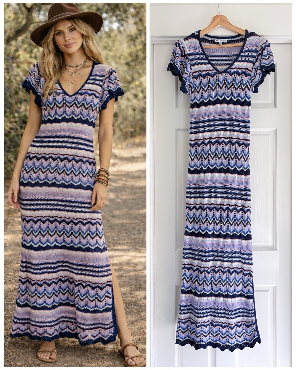 Boho Crochet Style Knit Maxi Dress Chevron Stripe V-Neck Pastel Festival Beach S